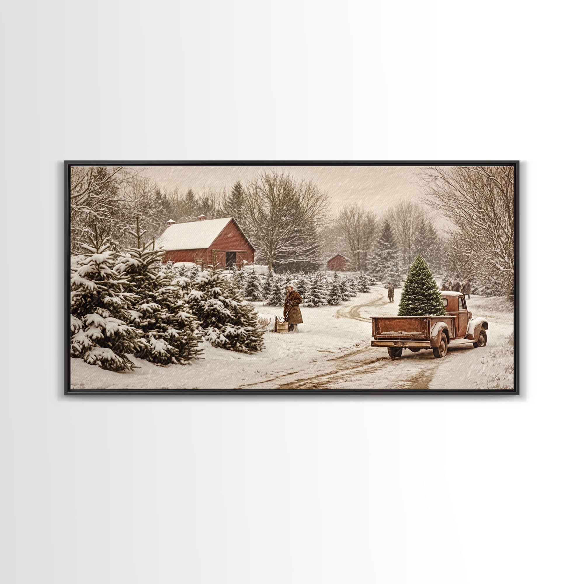 Rustic Christmas Tree Farm Framed Canvas Print - Perfect Vintage Farmhouse Christmas Decor and Winter Home Wall Art