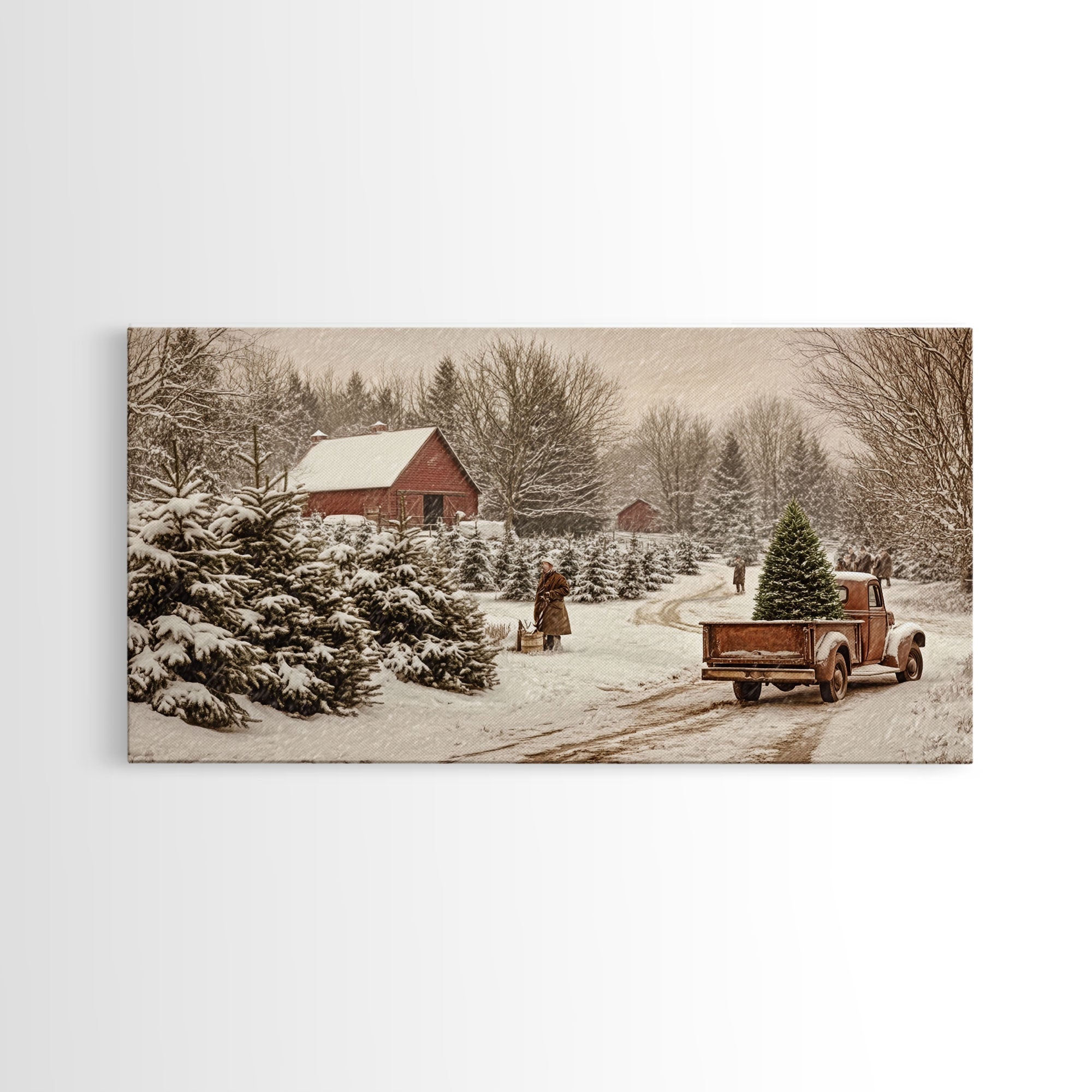 Rustic Christmas Tree Farm Framed Canvas Print - Perfect Vintage Farmhouse Christmas Decor and Winter Home Wall Art