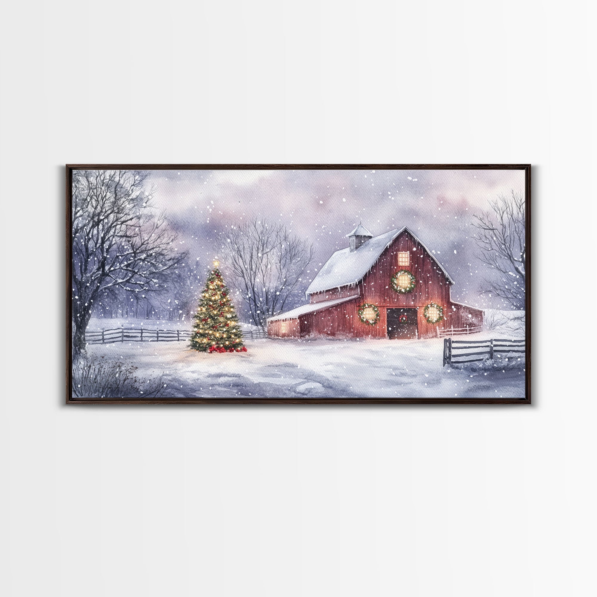 Christmas decor farmhouse Framed Canvas Print snowy barn scene holiday wall art Christmas tree decor best gift Christmas holiday home decor