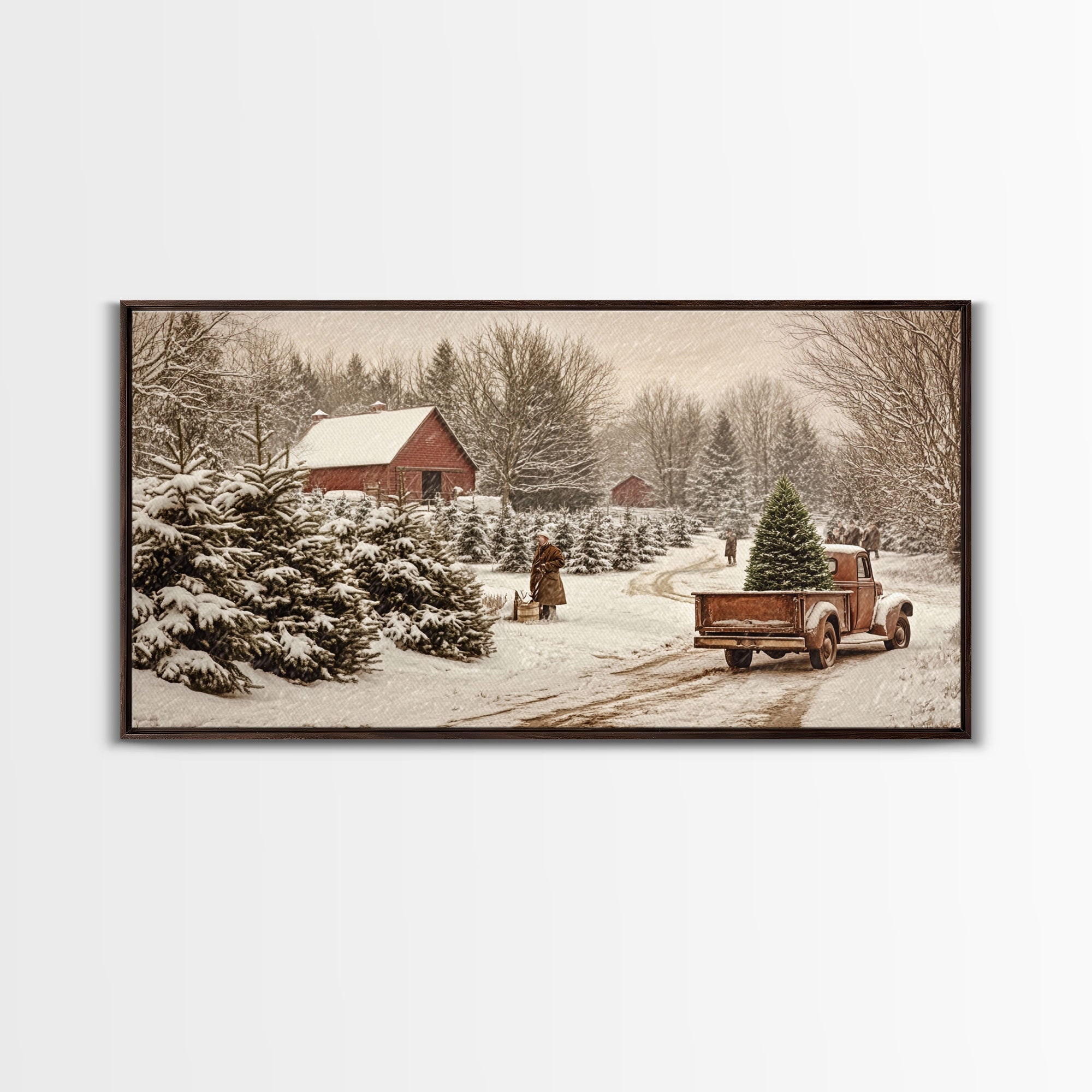 Rustic Christmas Tree Farm Framed Canvas Print - Perfect Vintage Farmhouse Christmas Decor and Winter Home Wall Art