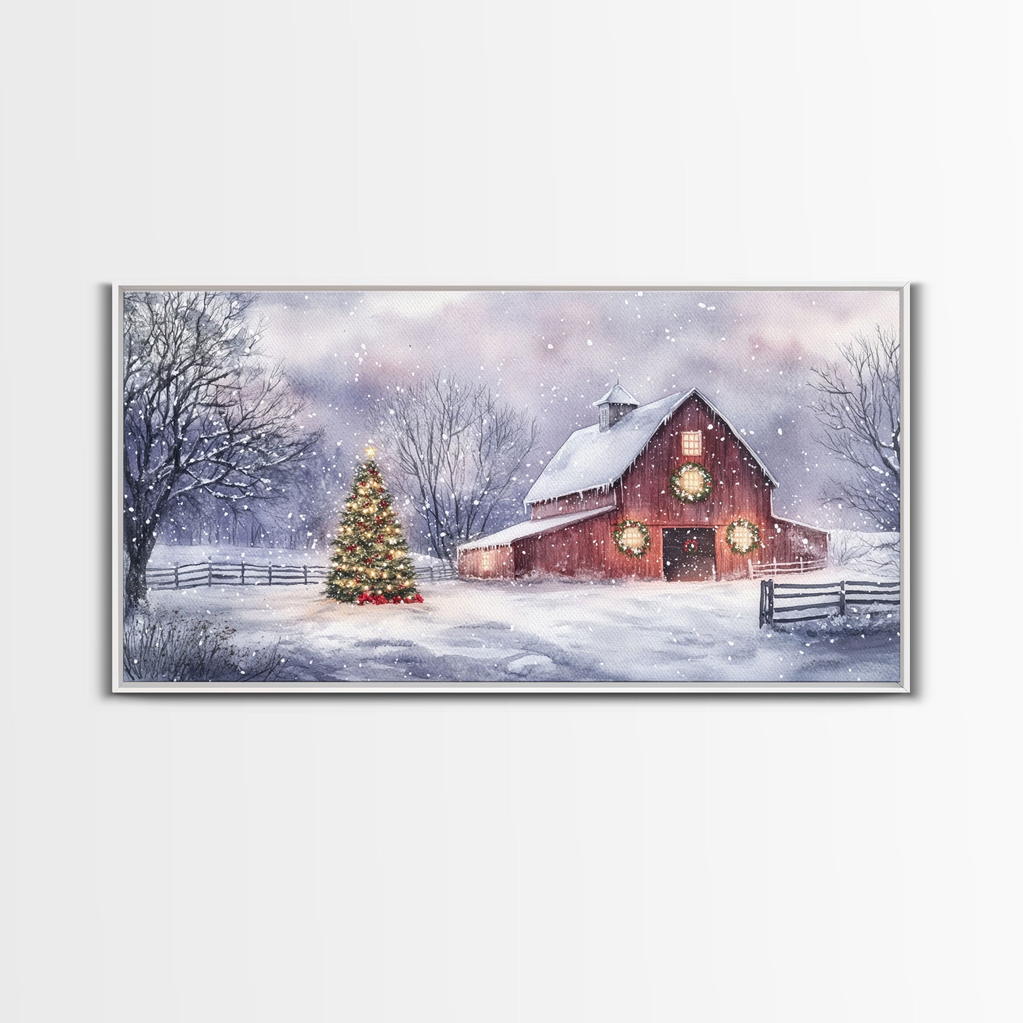 Christmas decor farmhouse Framed Canvas Print snowy barn scene holiday wall art Christmas tree decor best gift Christmas holiday home decor