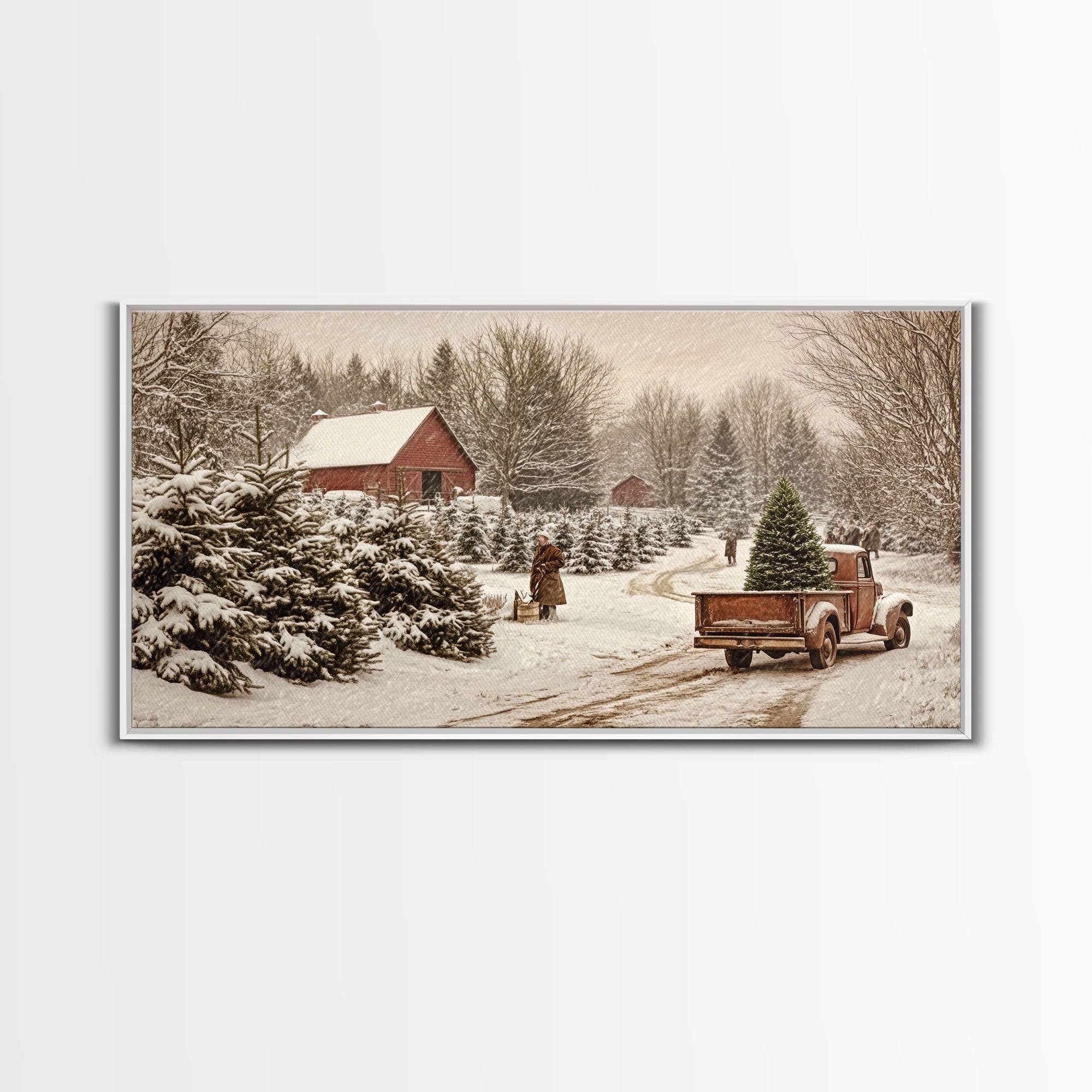 Rustic Christmas Tree Farm Framed Canvas Print - Perfect Vintage Farmhouse Christmas Decor and Winter Home Wall Art