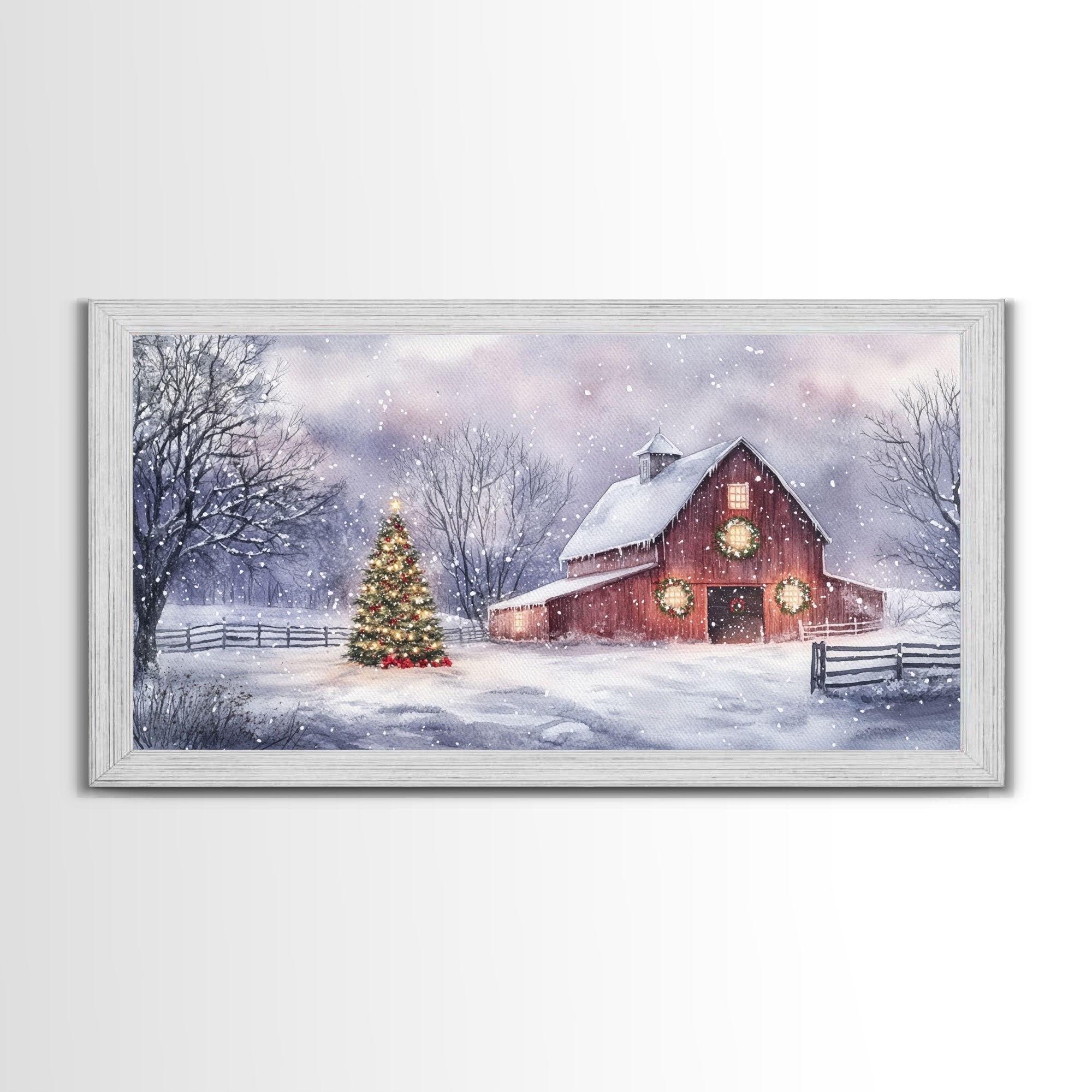 Christmas decor farmhouse Framed Canvas Print snowy barn scene holiday wall art Christmas tree decor best gift Christmas holiday home decor