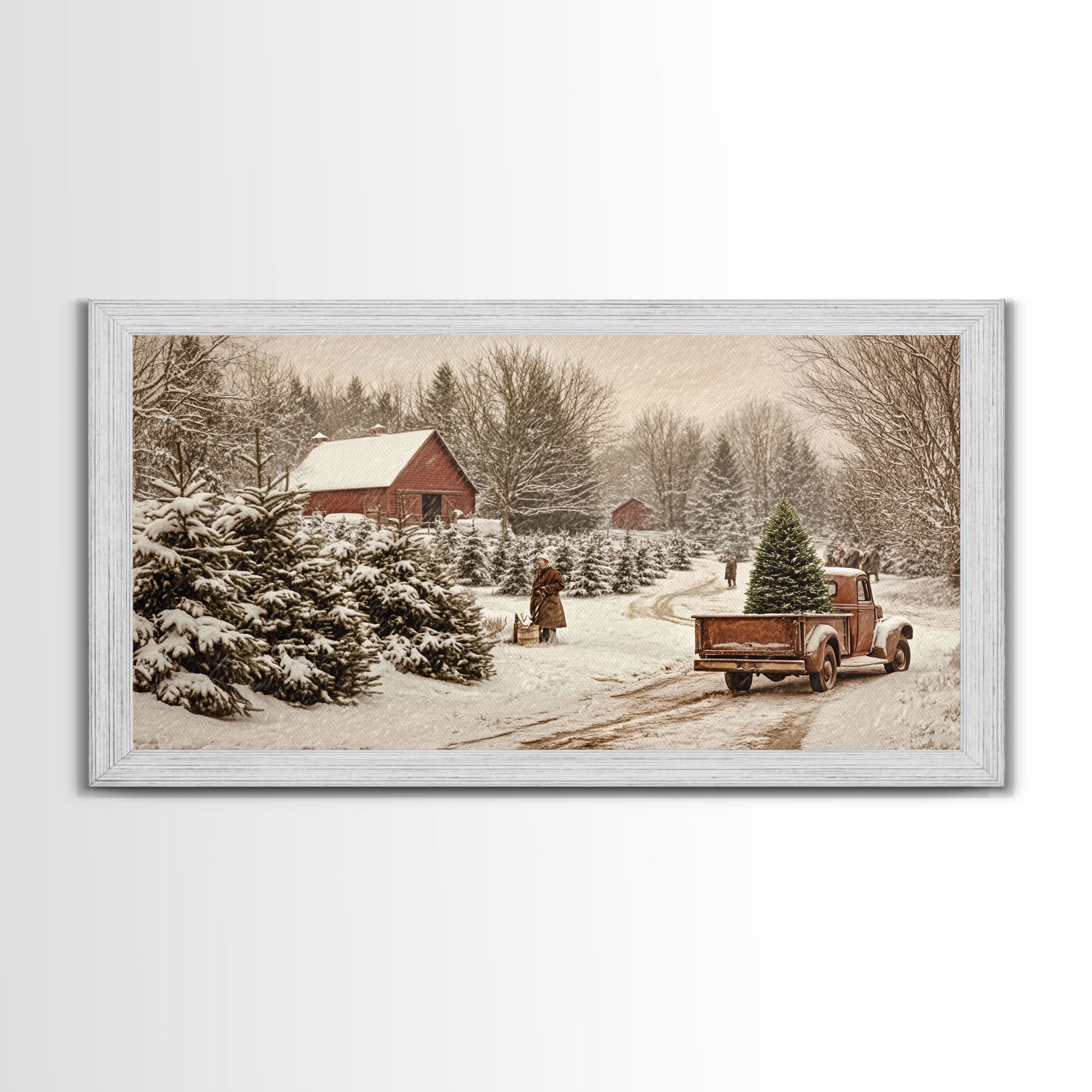 Rustic Christmas Tree Farm Framed Canvas Print - Perfect Vintage Farmhouse Christmas Decor and Winter Home Wall Art
