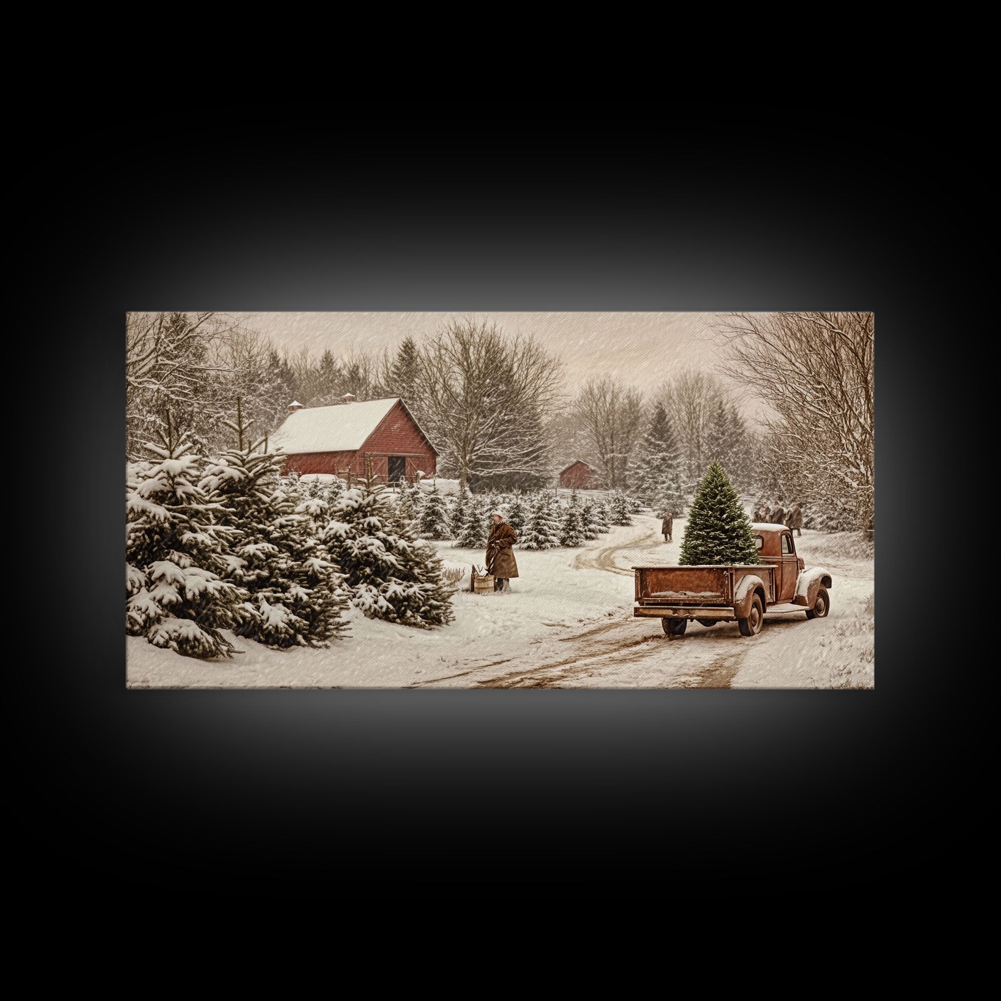 Rustic Christmas Tree Farm Framed Canvas Print - Perfect Vintage Farmhouse Christmas Decor and Winter Home Wall Art